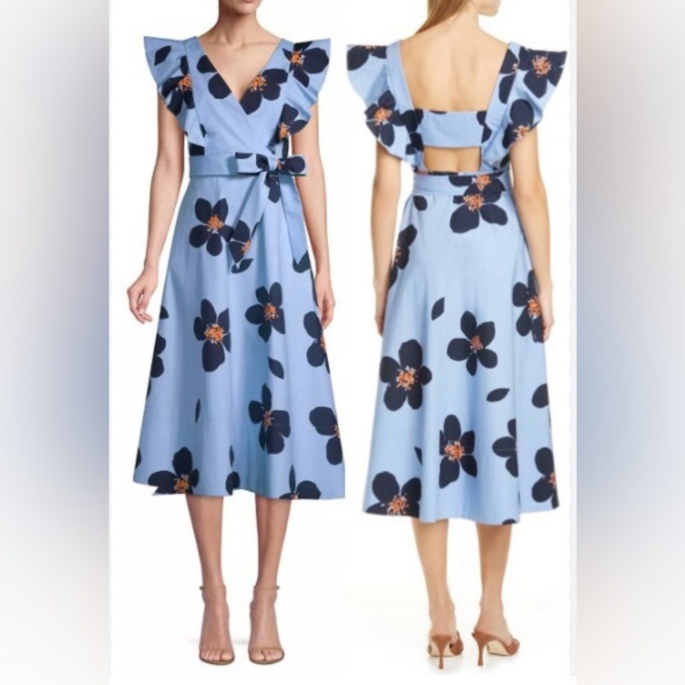 Kate Spade Blue Grand Flora Poplin Midi Dress